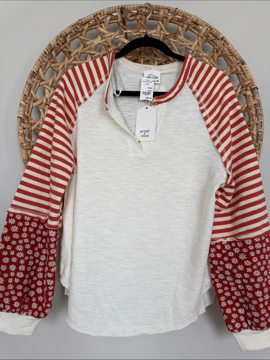 new in Tops - Ariella Cream Knit Raglan Top with Red Striped Sleeves